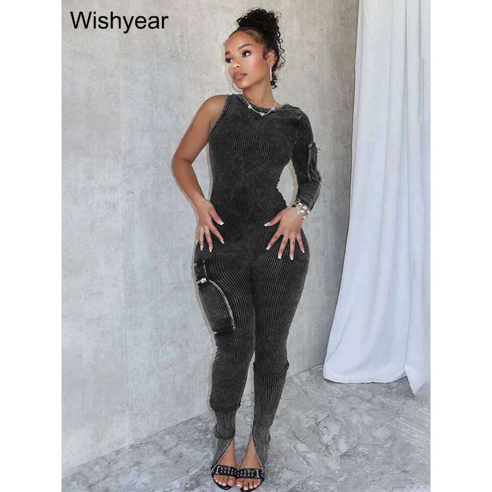 Fiess Joggers Rompers Women's Black Pocket Single Shoulder Washed Ribbed Jumpsuits One Piece Outfits Sports Skinny Overalls