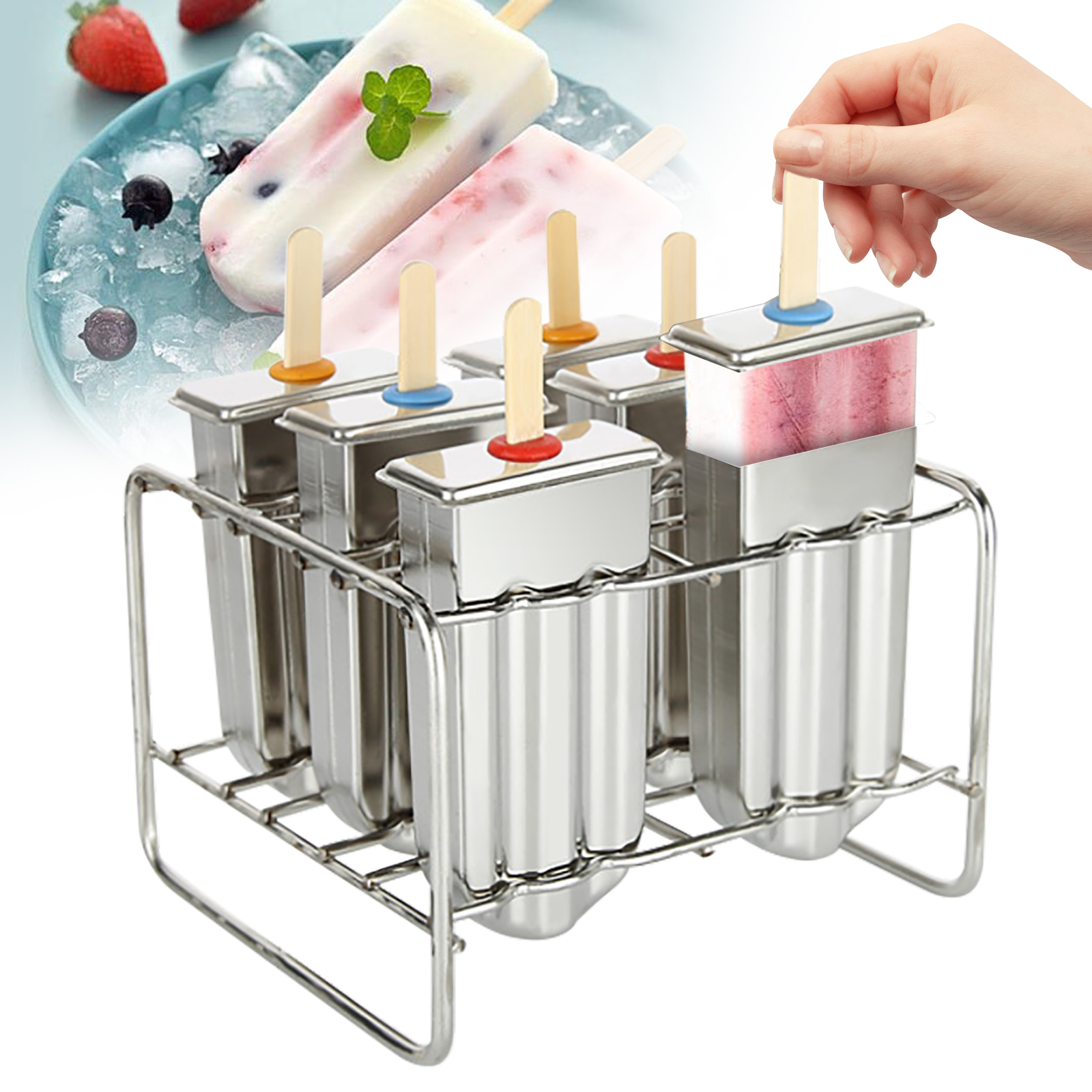 6 Pcs Stainless Steel Ice Cream Molds Round Head Double Cavity 85g Per Pop Homemade Ice Lolly Maker Reusable DIY Popsicle Freezer Tray BPA Free