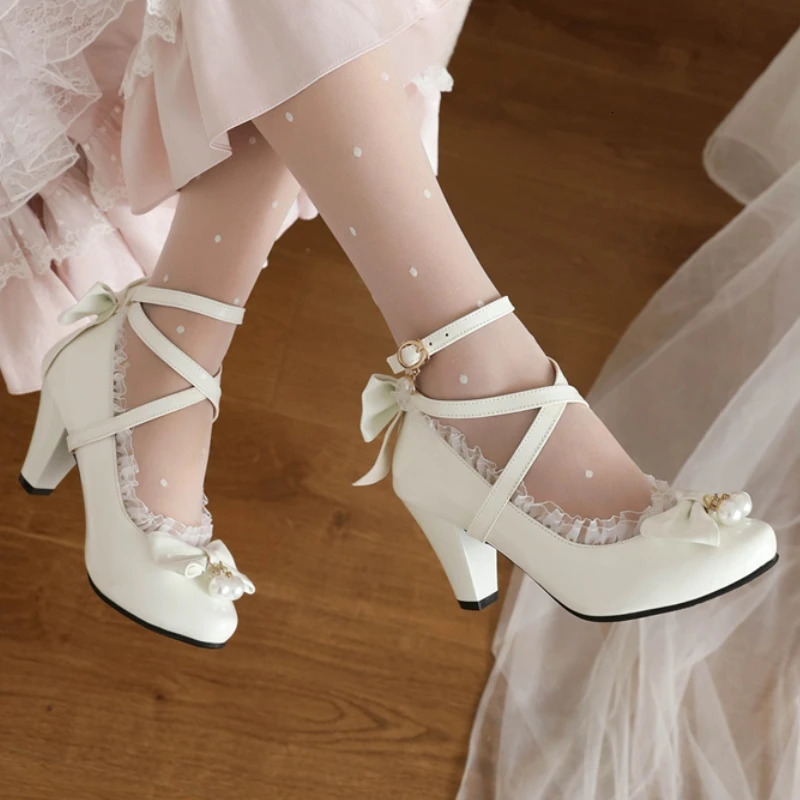 Red Womens Heels Mary Janes Lolitas Shoes Crystal Black White Block Heeled Party Wedding Shoes Female Pumps Big Size 45 250613