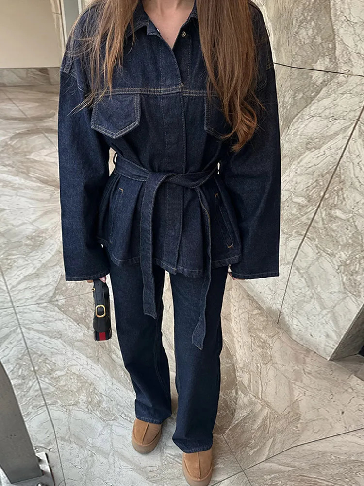 Street Denim Jacket Pants Sets Women Belt Spliced Lapel Single Breasted Jackets High Waist Straight Pant Spring Lady Outfit 250614
