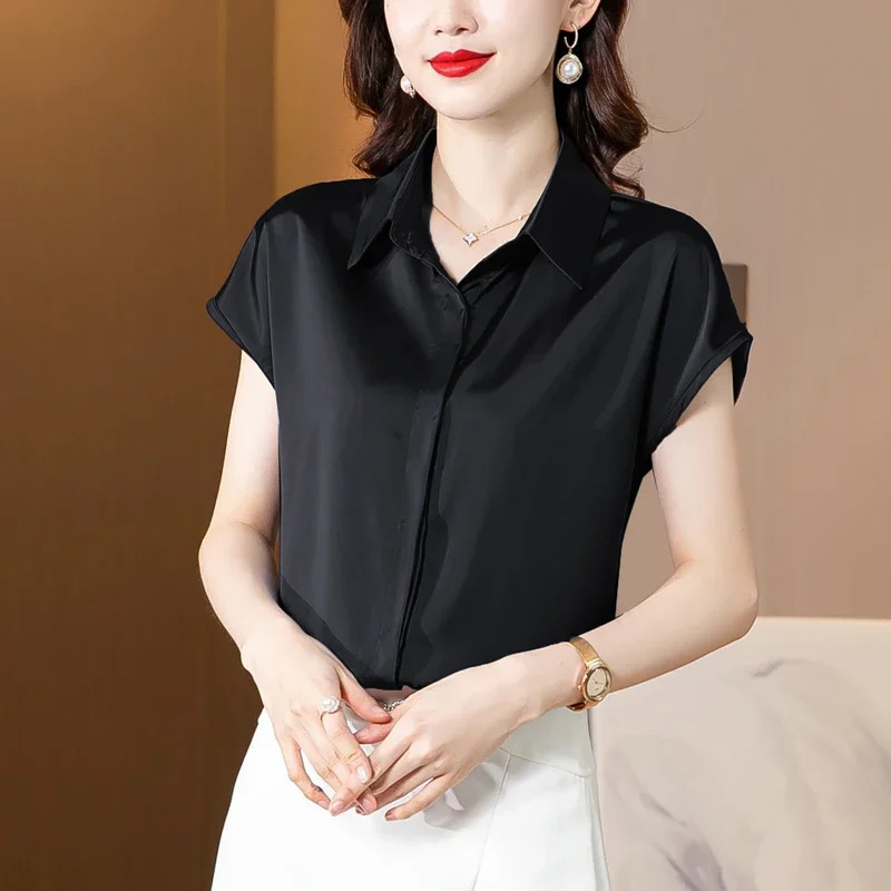 Vintage Blouse Women 2025 Summer Satin Shirt Silk Elegant Womens Tops Short Sleeve Blouses and Shirts Fashion Women Clothing 250614
