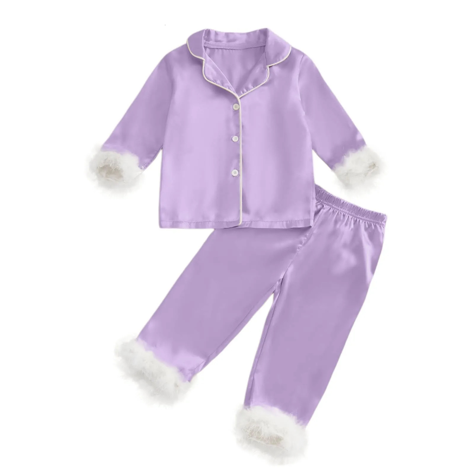 ChildrenS Autumn Home Clothes Girl Satin Feather Trim Button Up Pajamas Sleeper Silk Shirt Pant Toddler Long Pajamas Set Youth 250617