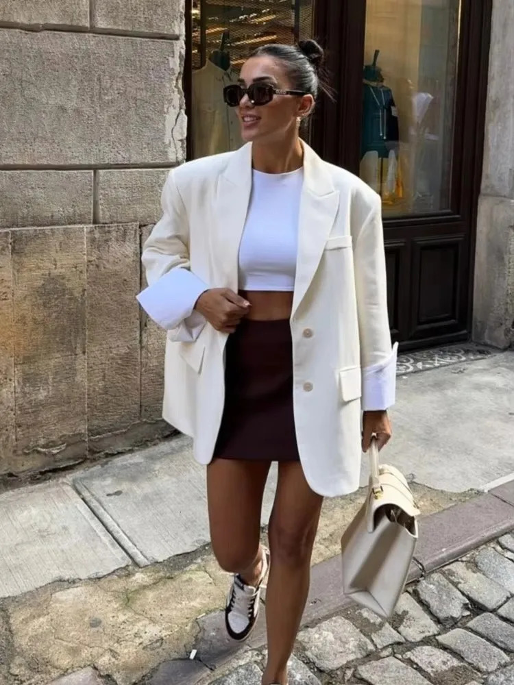 Elegant Blazer Coat For Women Fashion Pockets Lapel Oversized Suit Jackets 2025 Autumn Office Lady Casual Loose Outerwear 250614