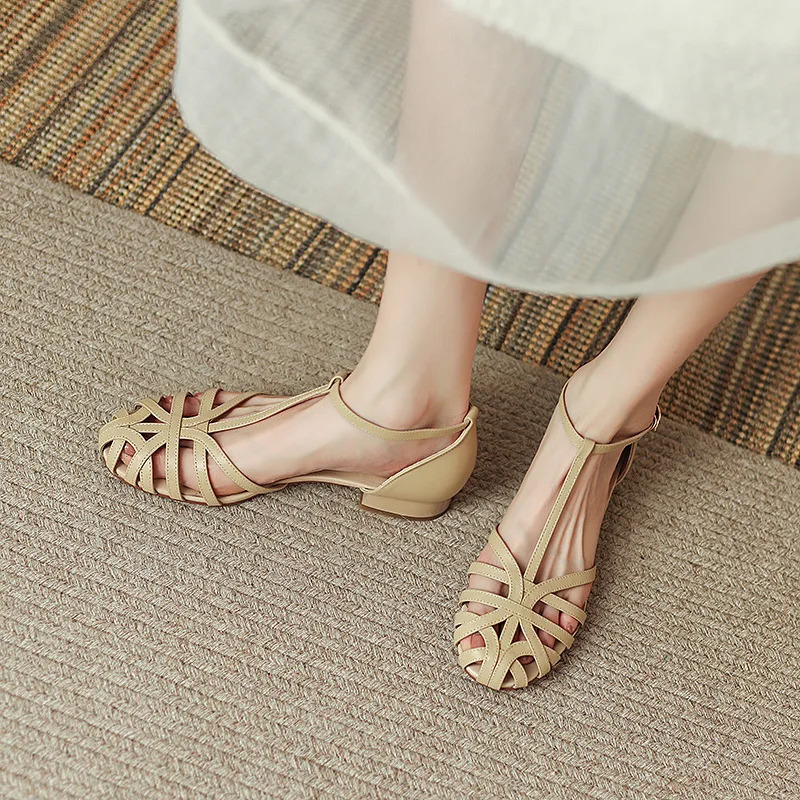 Shoes Female Sandal 2025 Womens Girls Beige Summer Comfort Low Retro Flat Back Strap Square Heel Rubber PU Scandals Solid C 250613