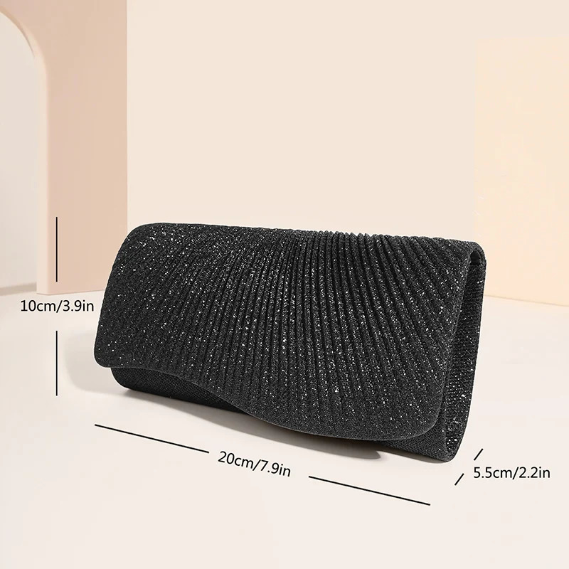 Women Fold Glitter Handbag Shiny Envelope Evening Bag Ladies Pleated Silver Clutch Chain Wedding Party Mini Long Purse XA12ZD 250614