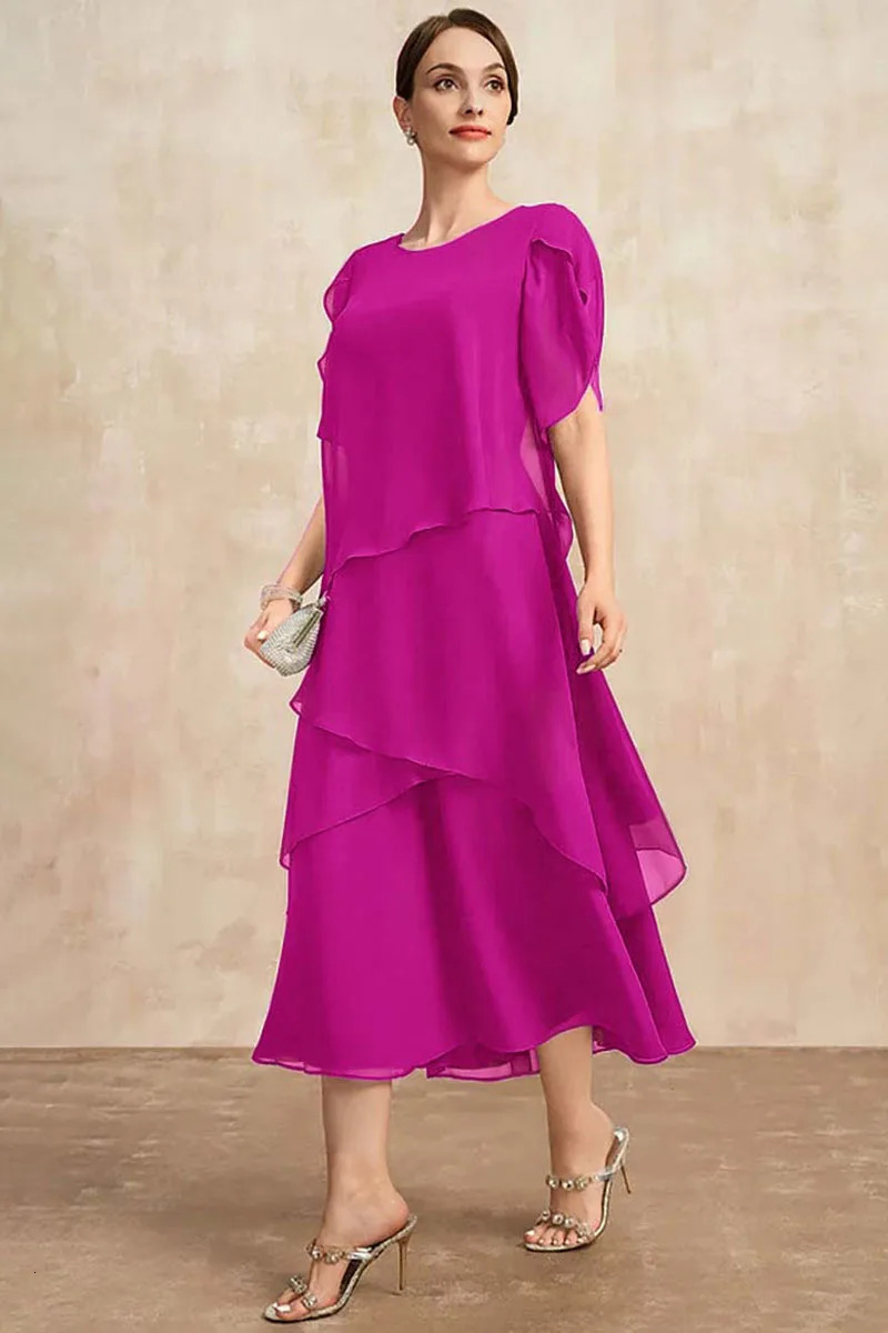 Women Plus Size Chiffon Dress Short Sleeve Elegant O-Neck Solid Party Irregular Layered Petal Sleeve Summer Fashion Maxi Dress 250616