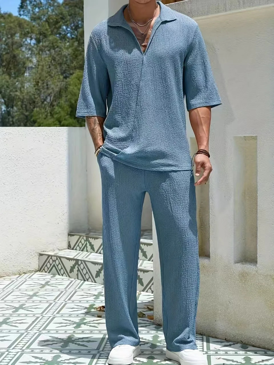 2025 Europe and the United States mens spring half-sleeve shirt pants solid color suit V-neck 250616