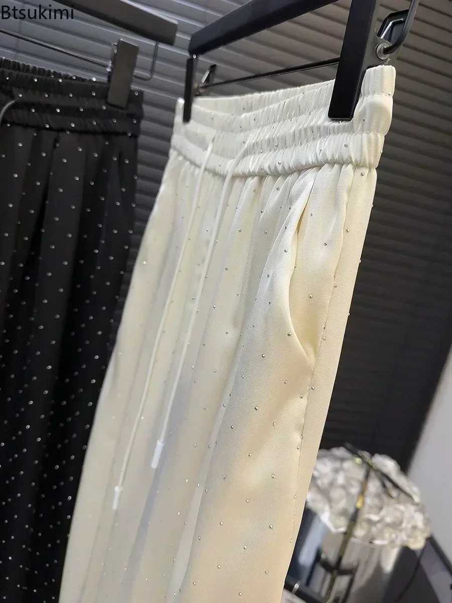 2025 High Quality Luxury Full Rhinestone Wide Leg Pants Fashion New Drawstring High Waist Straight Pants Ladies Casual TrousersT251022