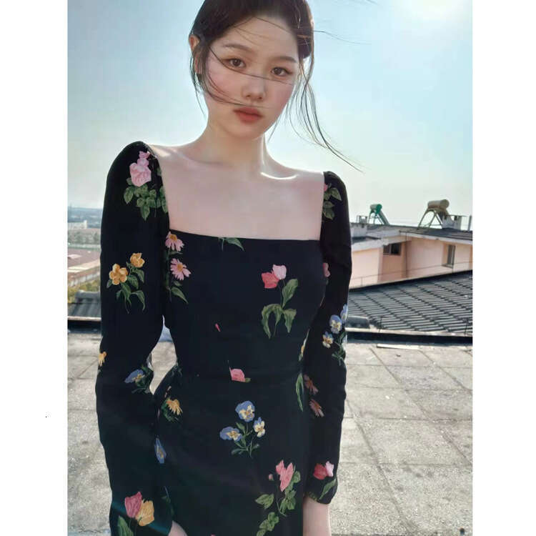 Festival Undefined Women Dresses Dress N484 Summer 2025 Printed Mid-length Split Square Neck Slim Fit Long Sleeve Dress Womens Fashion