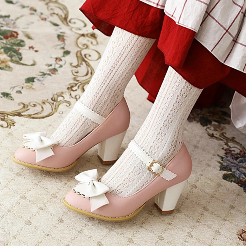 ASILETO Ladies Pumps Round Toe 7cm Block Heels Buckle Bowtie Sweet Cute Vintage All-Match Big Size 48 Party S2131 250613