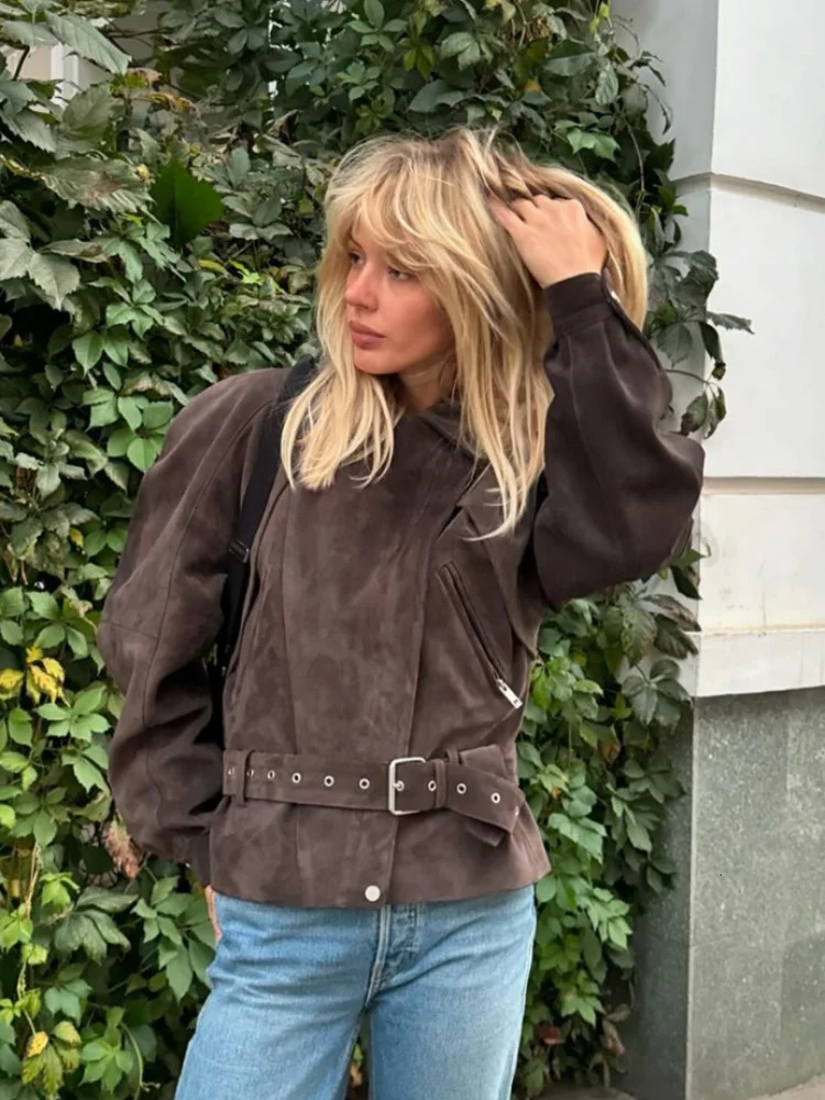Belts Vintage Womens Suede Jacket Coat Chic Zipper Lapel Long Sleeve Motorcycle Outwear 2025 Spring Street Chic Lady Top Coats 250614
