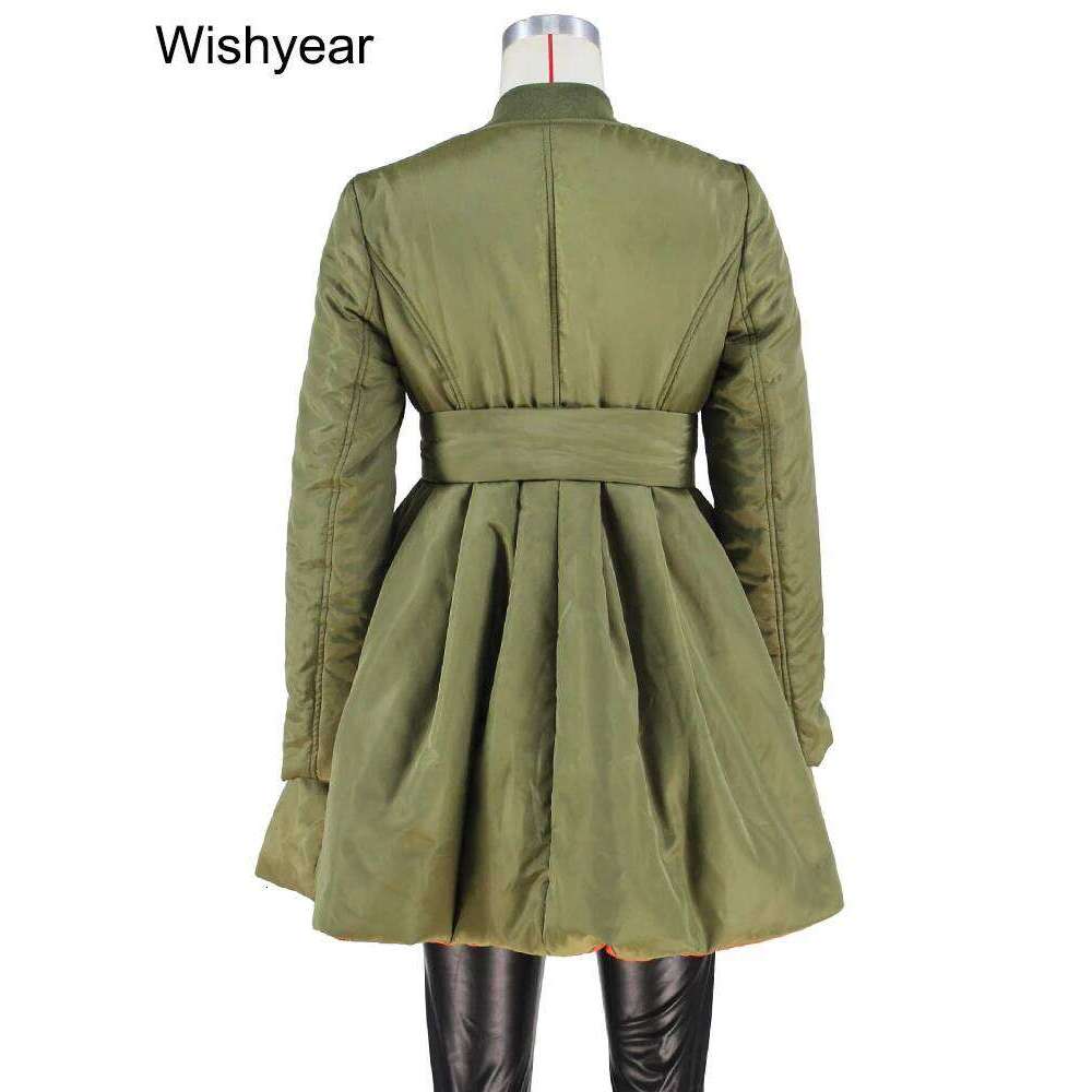 Fashion Women Fall Winter Wrap V Neck Sashes Birthday Night Club Party Green A-line Dresses with Bandage Warm Caots Parkas Robe