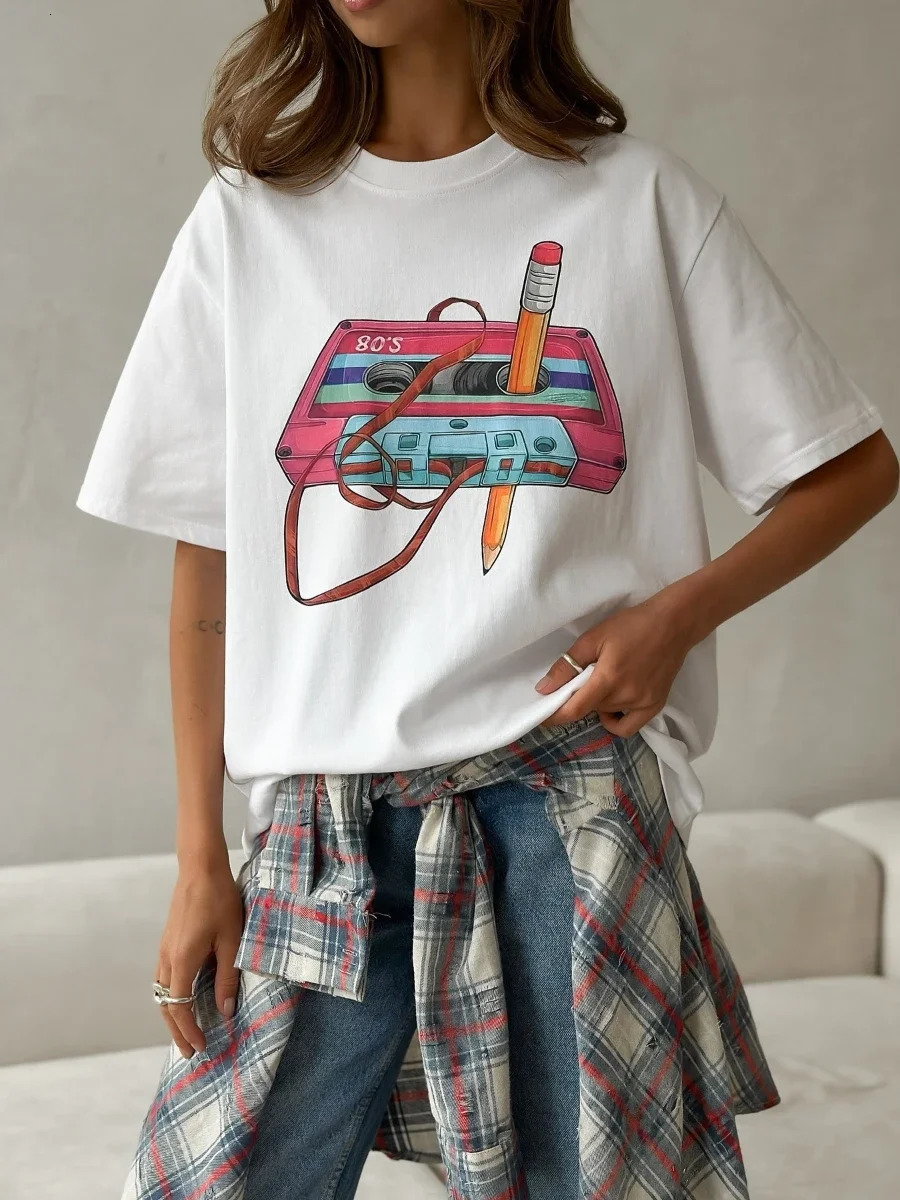 summer Womens Fashionable Printed T-shirt Casual Vintage Short-sleeve Printing T Shirts Fashion Hip Hop Loose Top 250617
