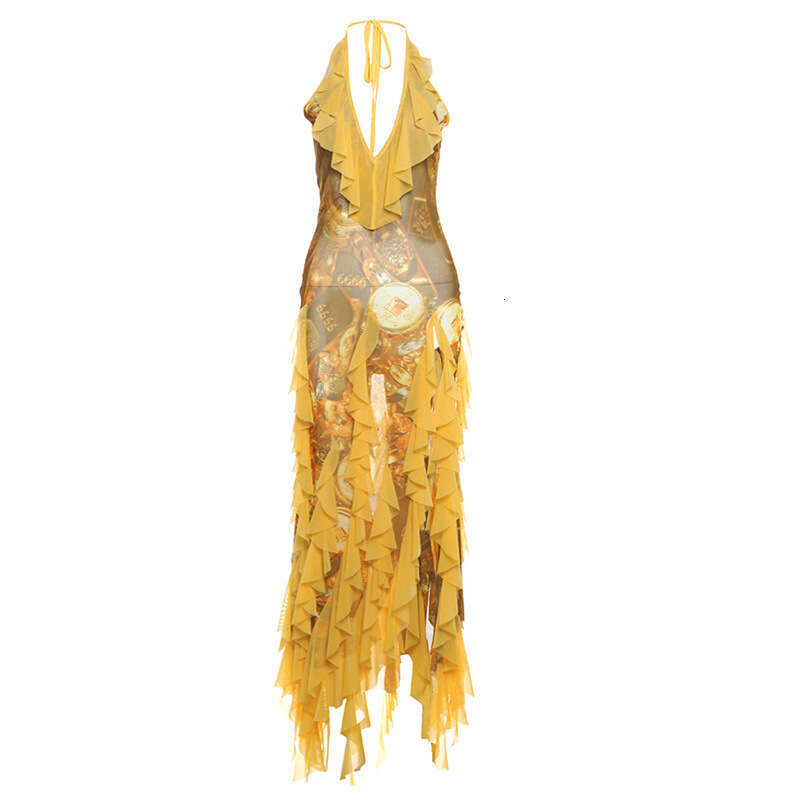 Summer New Sexy Ruffle Vacation Style Halter Neck Strap Dress For Women B5