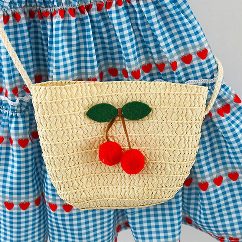 2 Pcs Baby Girls Summer Dress with Sleeveless Round Neck Plaid Heart Cherry Cotton Skirt and Diagonal Cross Bag Included 250617