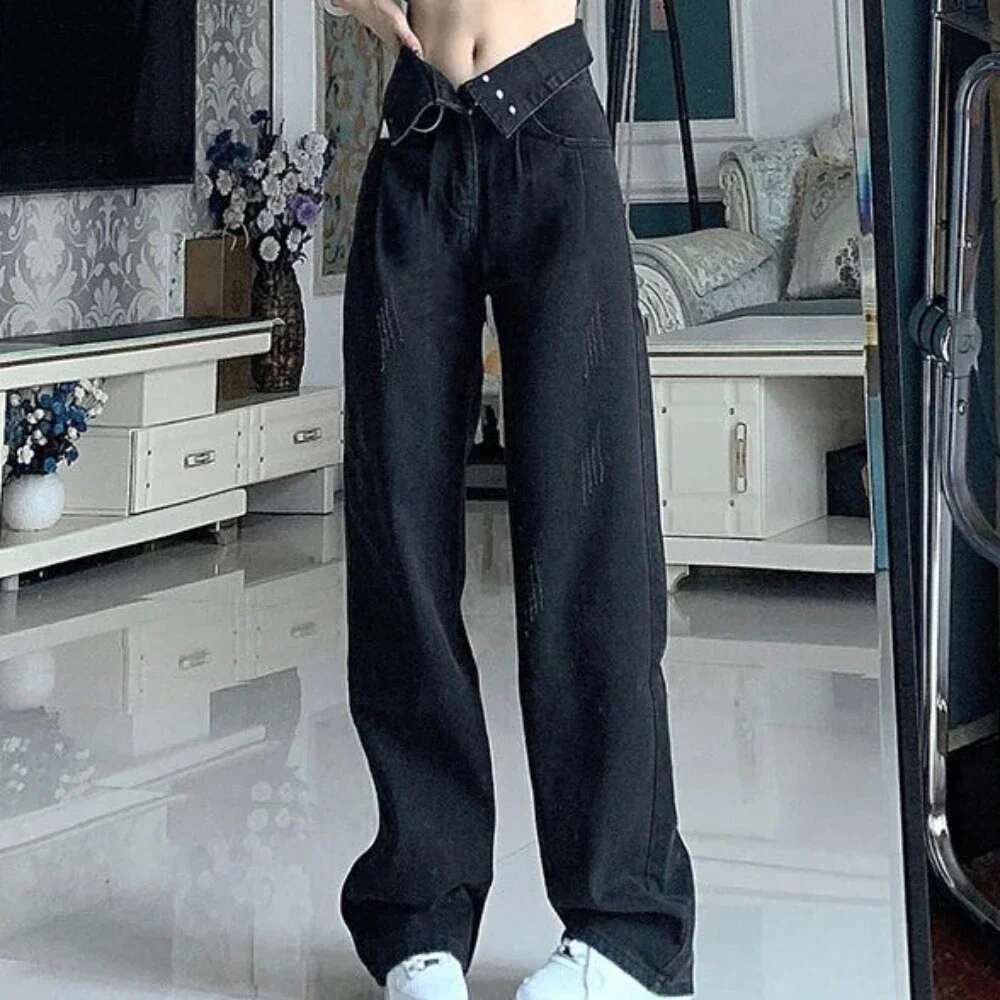 High Waist Shot Straight Leg Womens Jeans Trousers Black Pants for Woman on Sale Stretched Harajuku Fashion Stylish Medium Wash