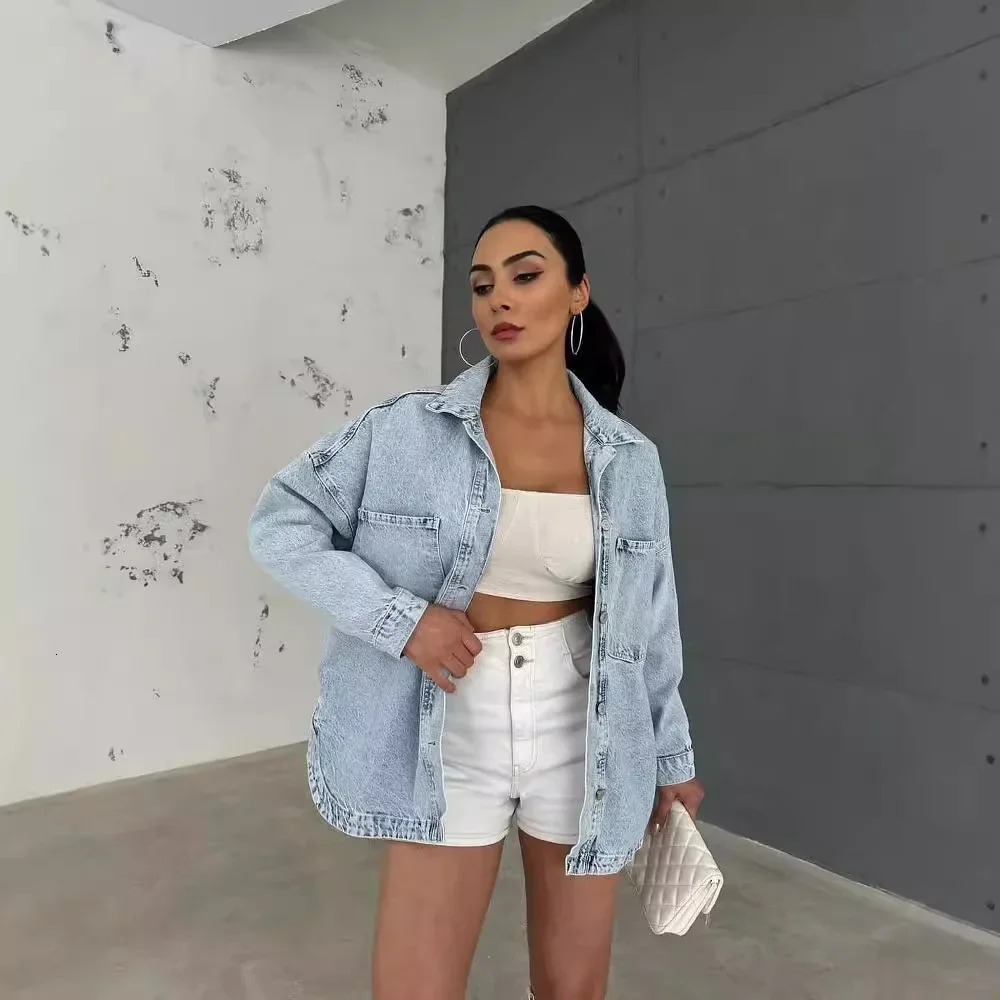 Vintage American Style Oversize Long Sleeve Denim Jacket For Women Distressed BF Casual Autumn/Winter Draped Single-Breasted Top 250613