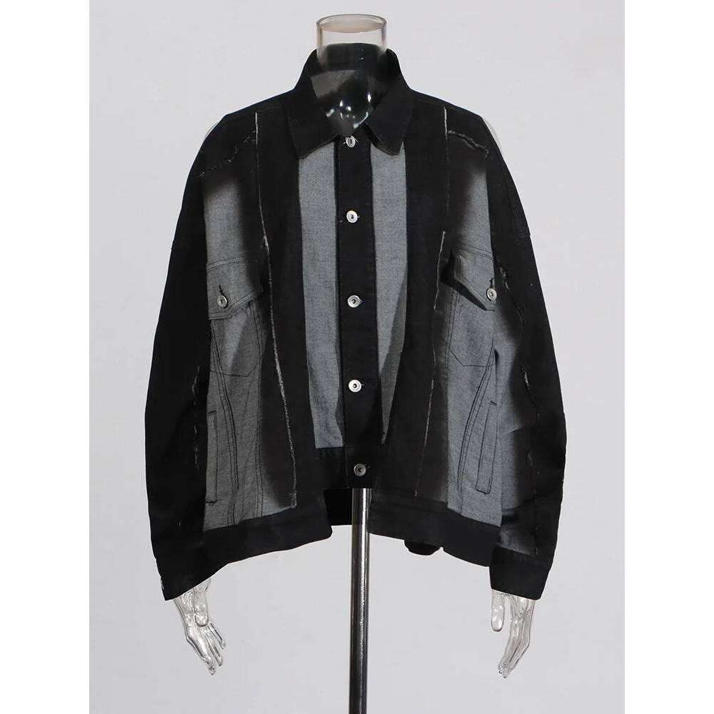 CHICEVER Hit Color Striped Design Jackets For Women Lapel Long Sleeve Spliced Button Irregular Loose Short Coats Female Autumn