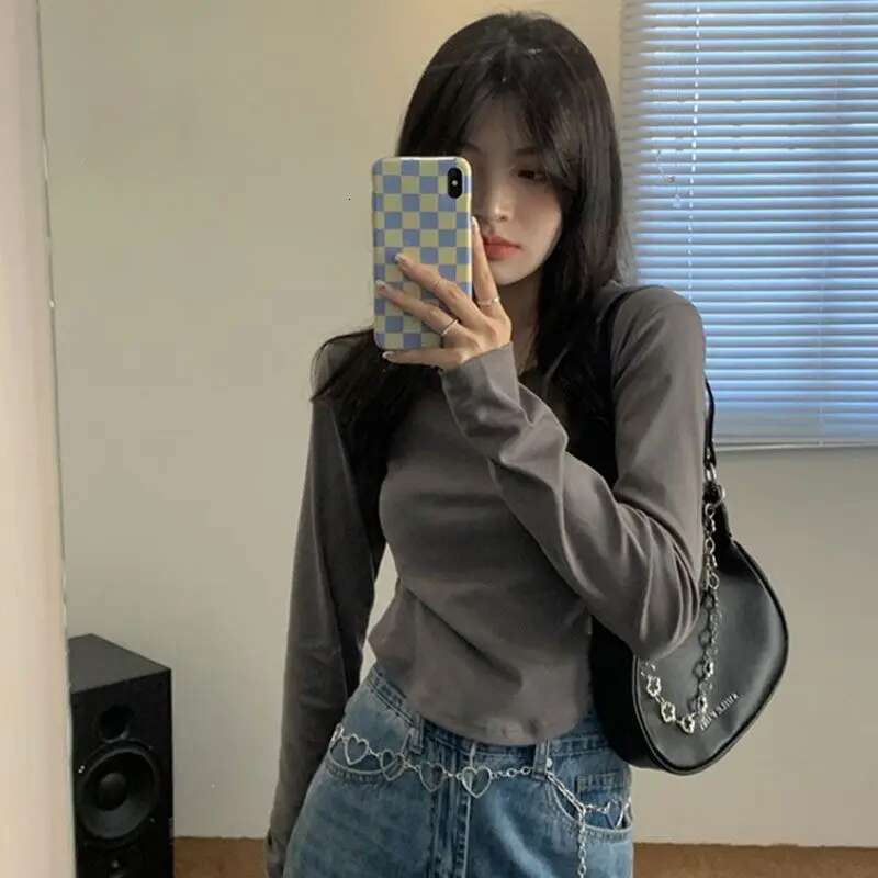 Slim Clothing Black Top for Women Brown Woman T-shirt 2025 Tshirt Plain Cotton Simple Cheap Stylish with Sleeves Tee Long Sleeve