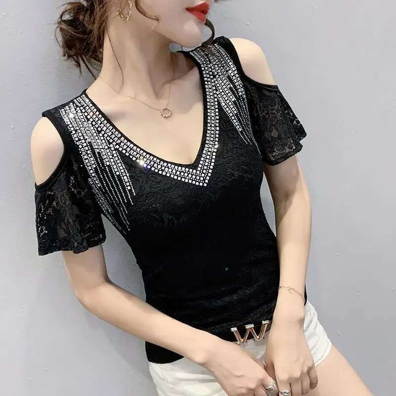 Lace Female Top V Neck Womens T-shirt Kpop Korean Clothing Reviews Clothes Popular Cheap Y2k Fashion 2025 Streetwear Pulovers