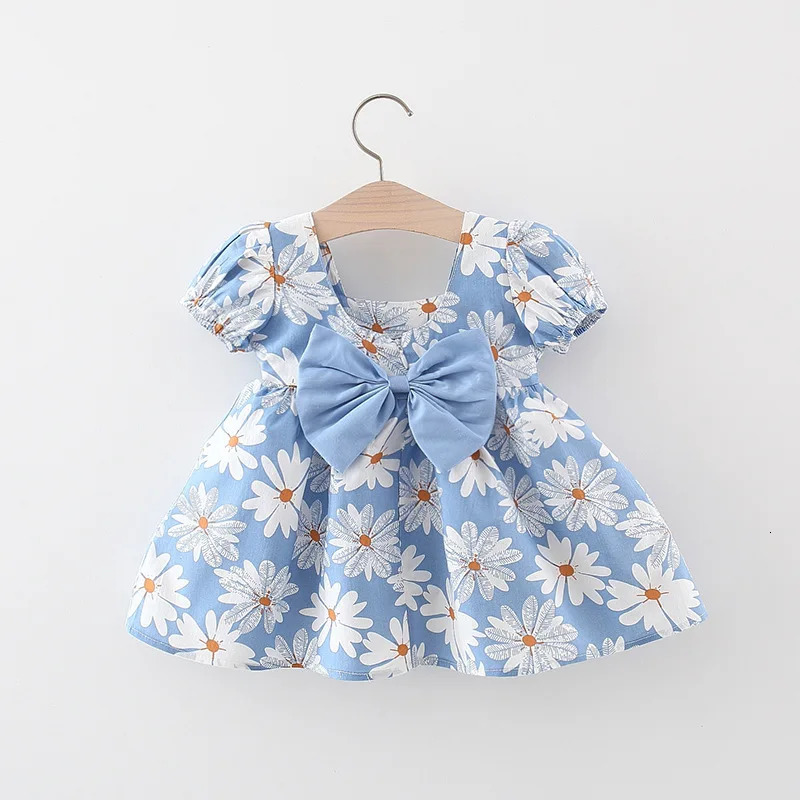 Baby Girl Summer Cotton Love Print Bow Small Square Neck Dress Girl Korean Fashion Bubble Sleeve Party Dress 250617