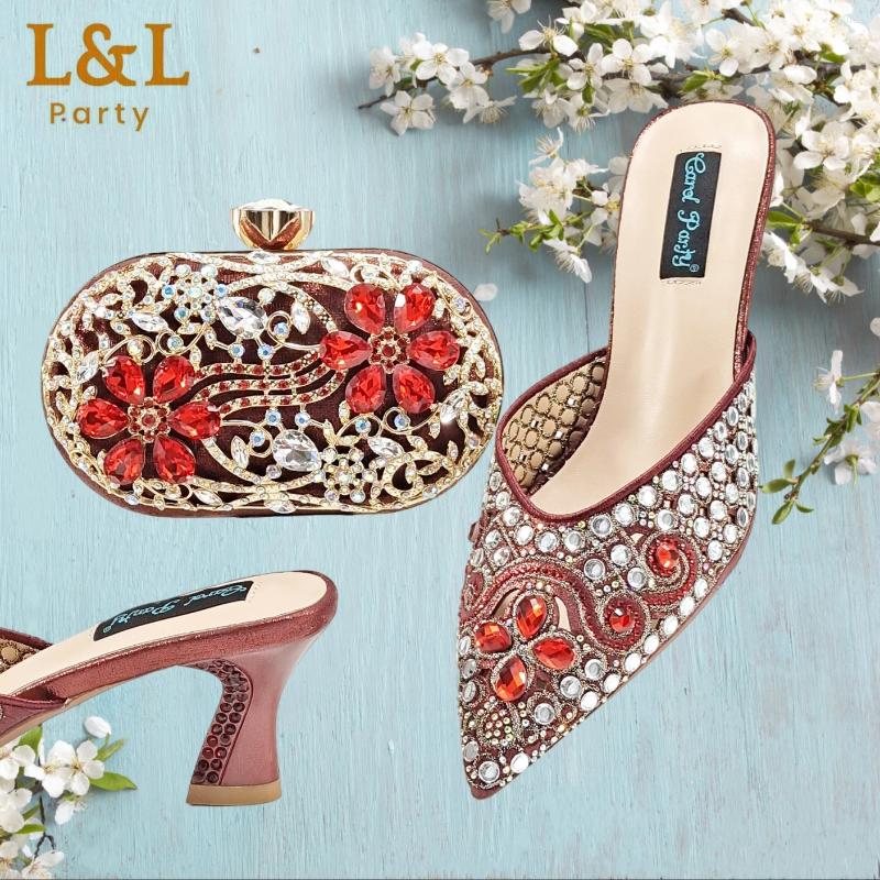 Dress Shoes Fashion Nigeria Design Rhinestone-encrusted Sex Ladies And Bag High Heels Sandals With Gold Color Mini For Party