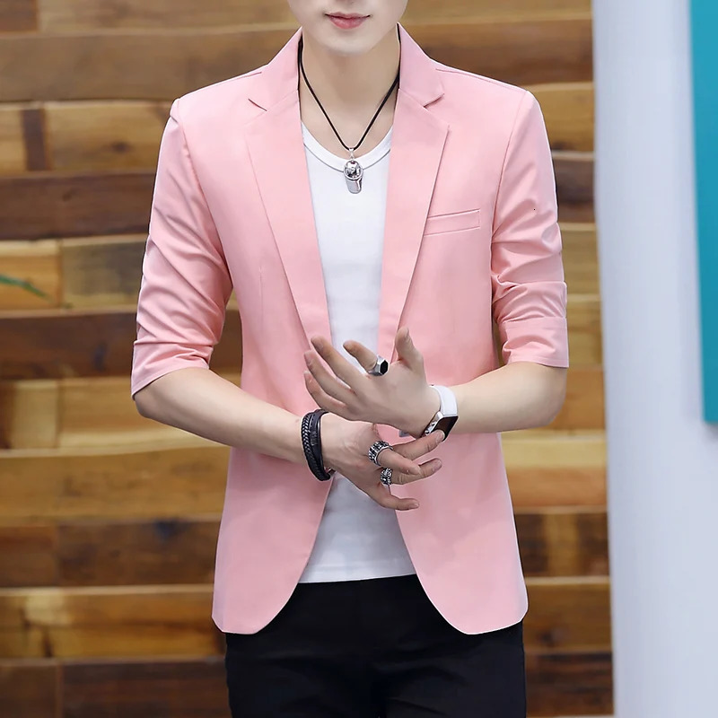 Summer Silk Smooth Solid Color Jacket Blazers 34 Sleeve Suit Formal Dress Youth Medium Sleeve Suit Male Slim Korea Style Suit 250614