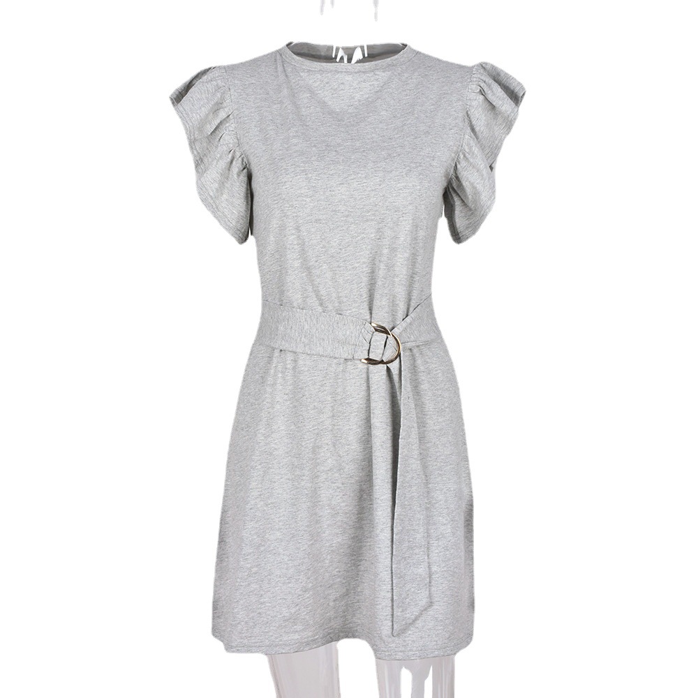 AA190 Women's 2024 Summer New Round Neck Lotus Sleeve Slim Belt Dress