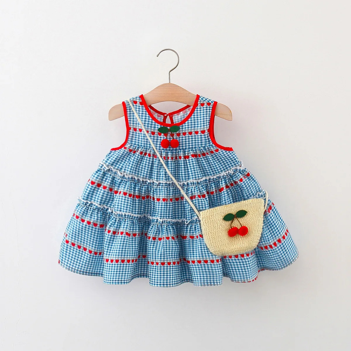 2 Pcs Baby Girls Summer Dress with Sleeveless Round Neck Plaid Heart Cherry Cotton Skirt and Diagonal Cross Bag Included 250617