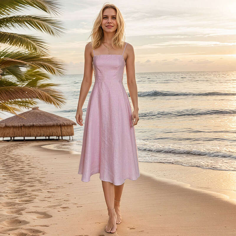 Womens Dress Robe De Designer Summer Dress Plus Size Dresses 796 Summer New 2025 Solid Color Square Neck Slim Fit Strap Midi Dress Linen Vacation Styl