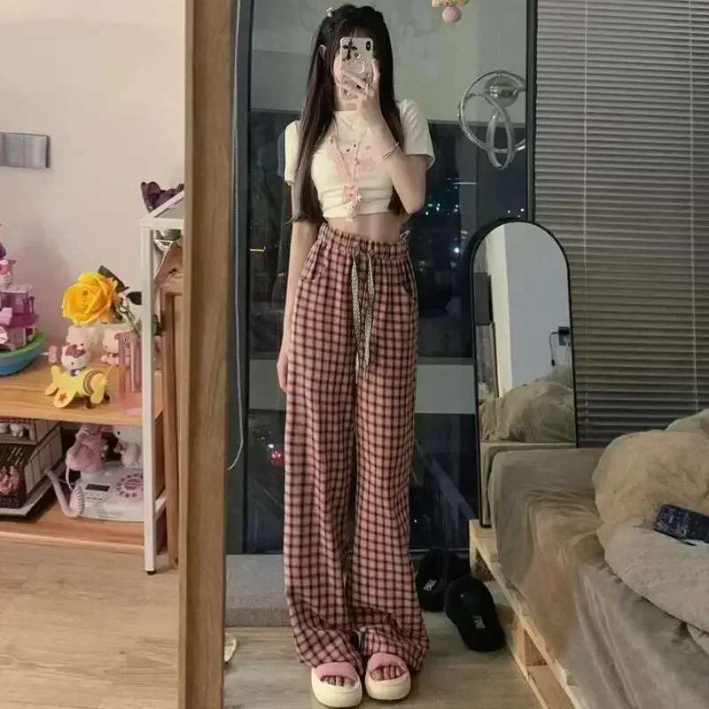 Female Trousers Korean Fashion Wide Leg With Pockets Womens Pants Elastic 90s Vintage Harajuku Slacks Autumn Classic One Size G