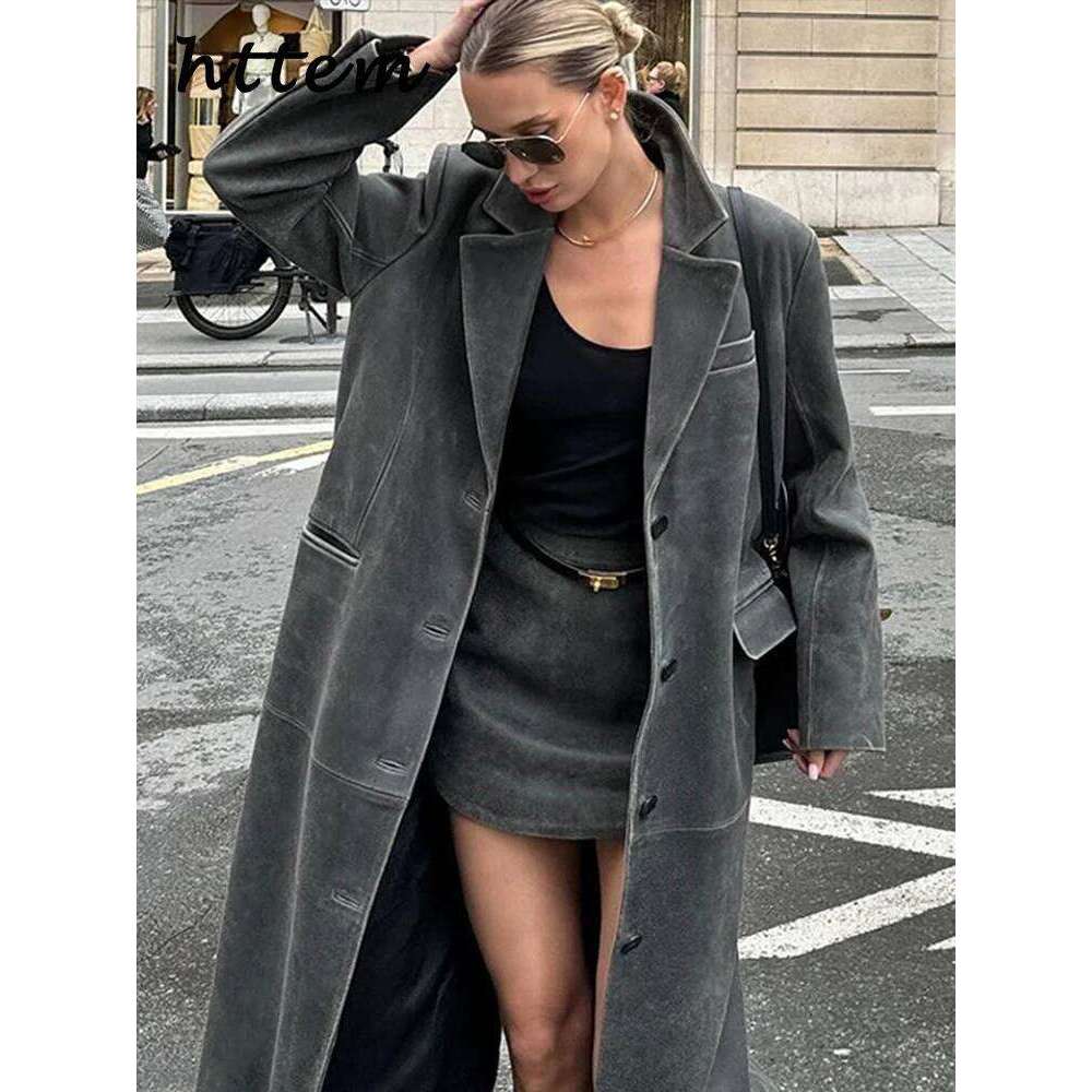 Fashion Women's Leather Trench Coat Loose Lapel Single Breasted Full Sleeve Overcoat 2024 Autumn Winter Lady High Street Coats
