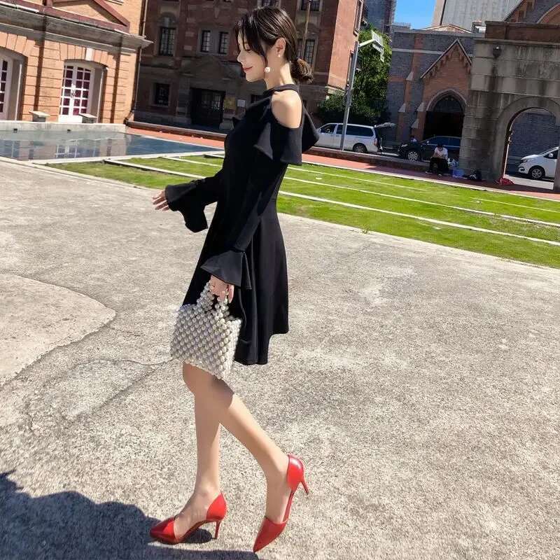 Ruffle Dresses for Women A Line Midi Woman Long Sleeve Dress Y2k Loose Casual Youth Korean Fashion One-piece Sensual Sexy X 2025
