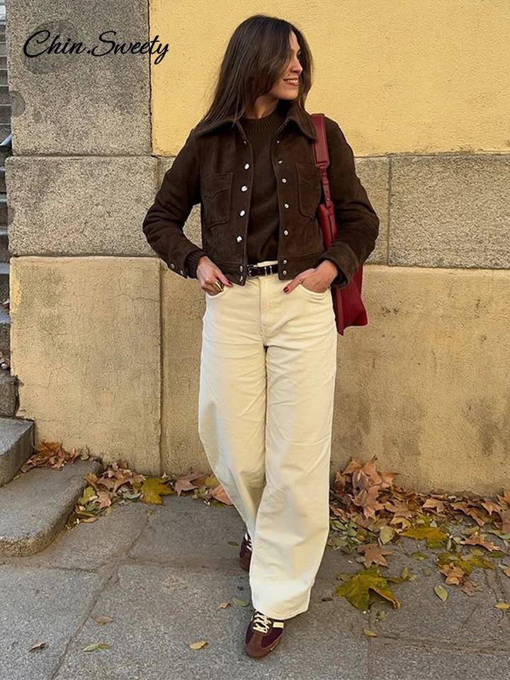 Fashion Womens Brown Jacket Brown Long Sleeve Turndown Collar Button Pocket Shoulder Pad Short Coat Spring Lady Vintage Outwear 250614