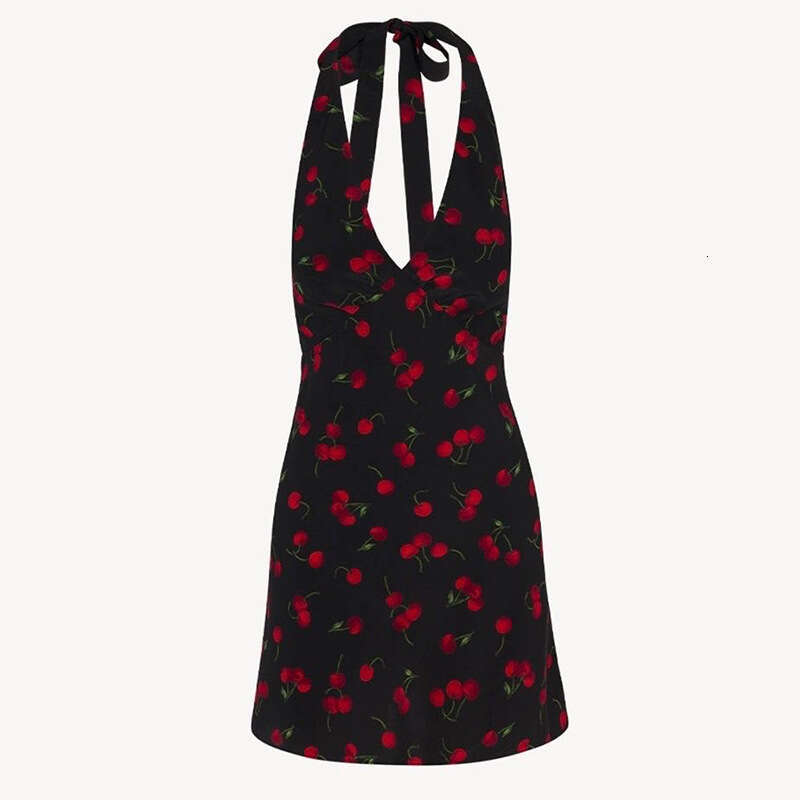 Sexy Bodysuit Womens Designer Clothing Vestidos 723 Summer New 2025 Black Cherry Silk Halter Deep V Tie Dress Vacation Style Sexy Backless Women