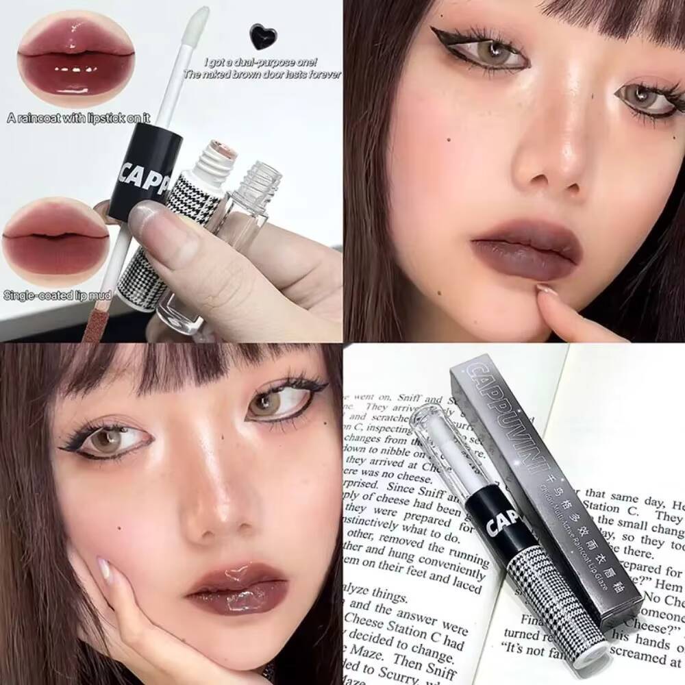 Matte Glaze Double Head Mirror Lipstick Moisturizing Water Gloss Dark Raincoat Solid Color Non-stick Cup Korea Lip Makeup happy