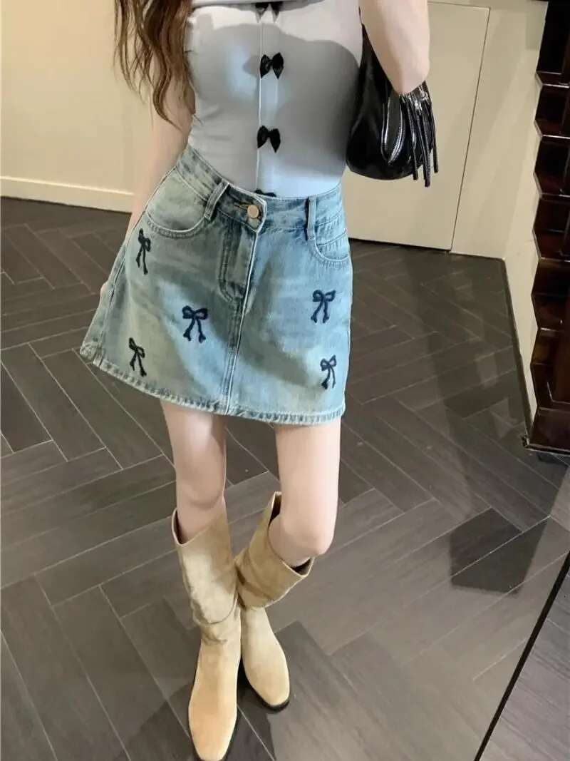 Blue Bow Jeans Skirts for Women Summer 2025 Aesthetic Clothing Sales Vintage Trend Korean Style High Quality Woman Denim Skirt
