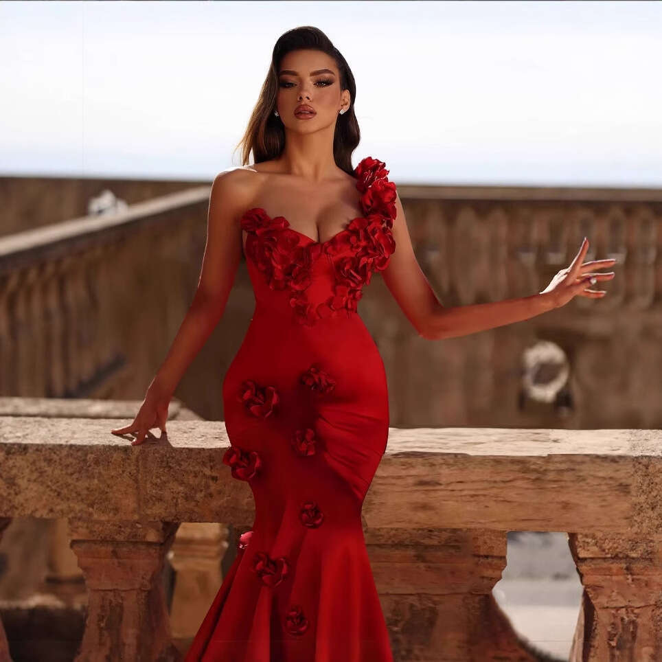 Red Strapless Floral Sexy Socialite Style Long Dress Gown