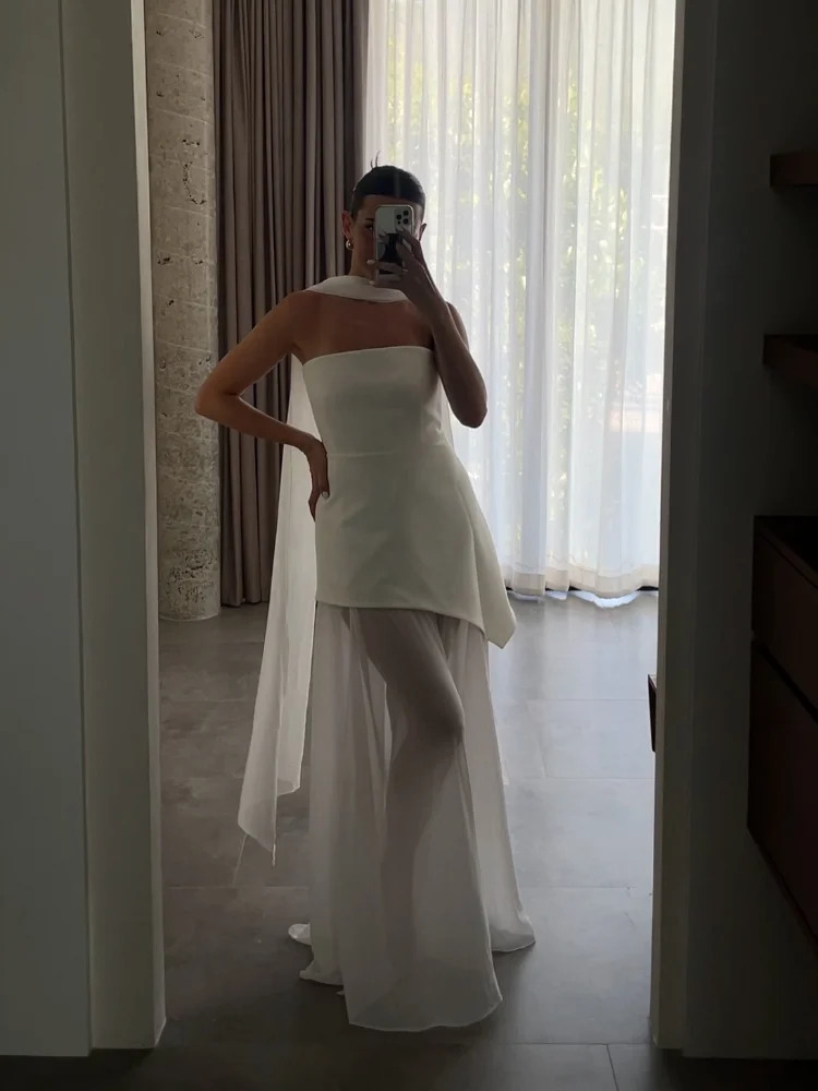 White Mesh Scarf Neck Strapless Long Dress Fashion Off Shoulder Sleeveless High Waist Slim Split Robe Lady Party Beach Gown 250612