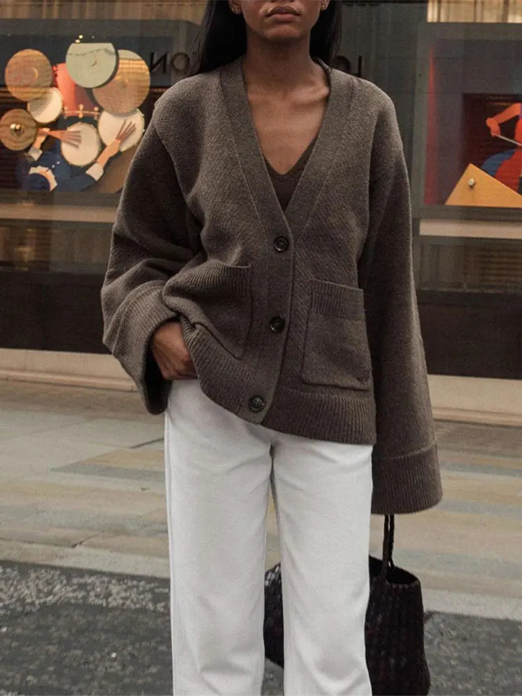 Fashion Lady Commuting Streetwear Women Classic Solid V Neck Pocket Cardigan Casual Long Sleeve Single-breasted Sweater 250616