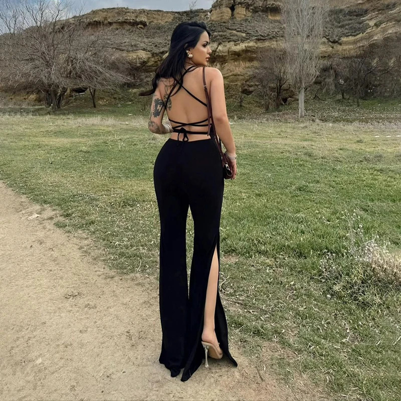 Womens Backless Jumpsuits Summer Fashion Bandage Slim Black Sexy Backless Split Rompers Streetwear Casual Slim Lady Overall 250617