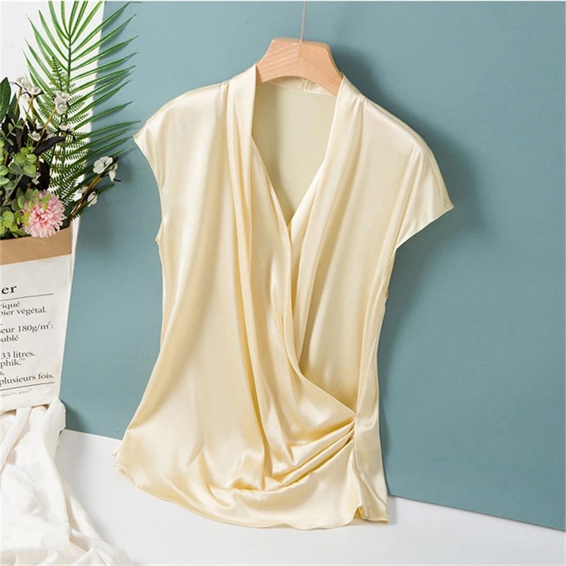 Elegant Satin Women Blouse Sexy V neck Office Ladies Blouses Shirts Casual Solid short sleeve Spring Summer Female Party Tops 250614