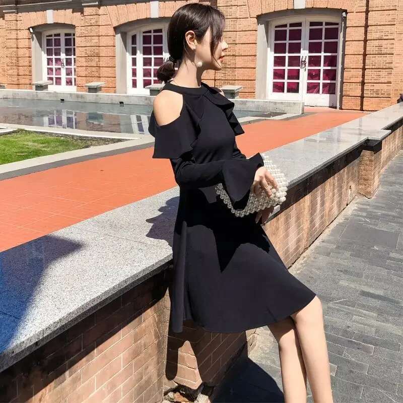 Ruffle Dresses for Women A Line Midi Woman Long Sleeve Dress Y2k Loose Casual Youth Korean Fashion One-piece Sensual Sexy X 2025