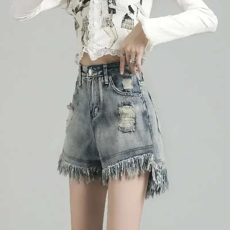 Summer High Waist Ripped Denim Shorts for Women Low Price Japanese 2000s Style Short Jean Pants Woman Design Elegant XL Jorts