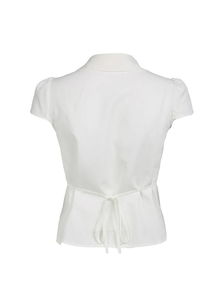 Solid Shirring Button Up Turn Down Collar Short Sleeve White Shirts Women Simple Casual Summer Clothes 250616