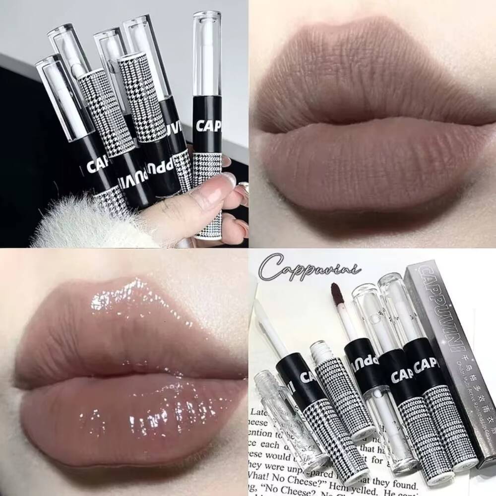 Matte Glaze Double Head Mirror Lipstick Moisturizing Water Gloss Dark Raincoat Solid Color Non-stick Cup Korea Lip Makeup happy