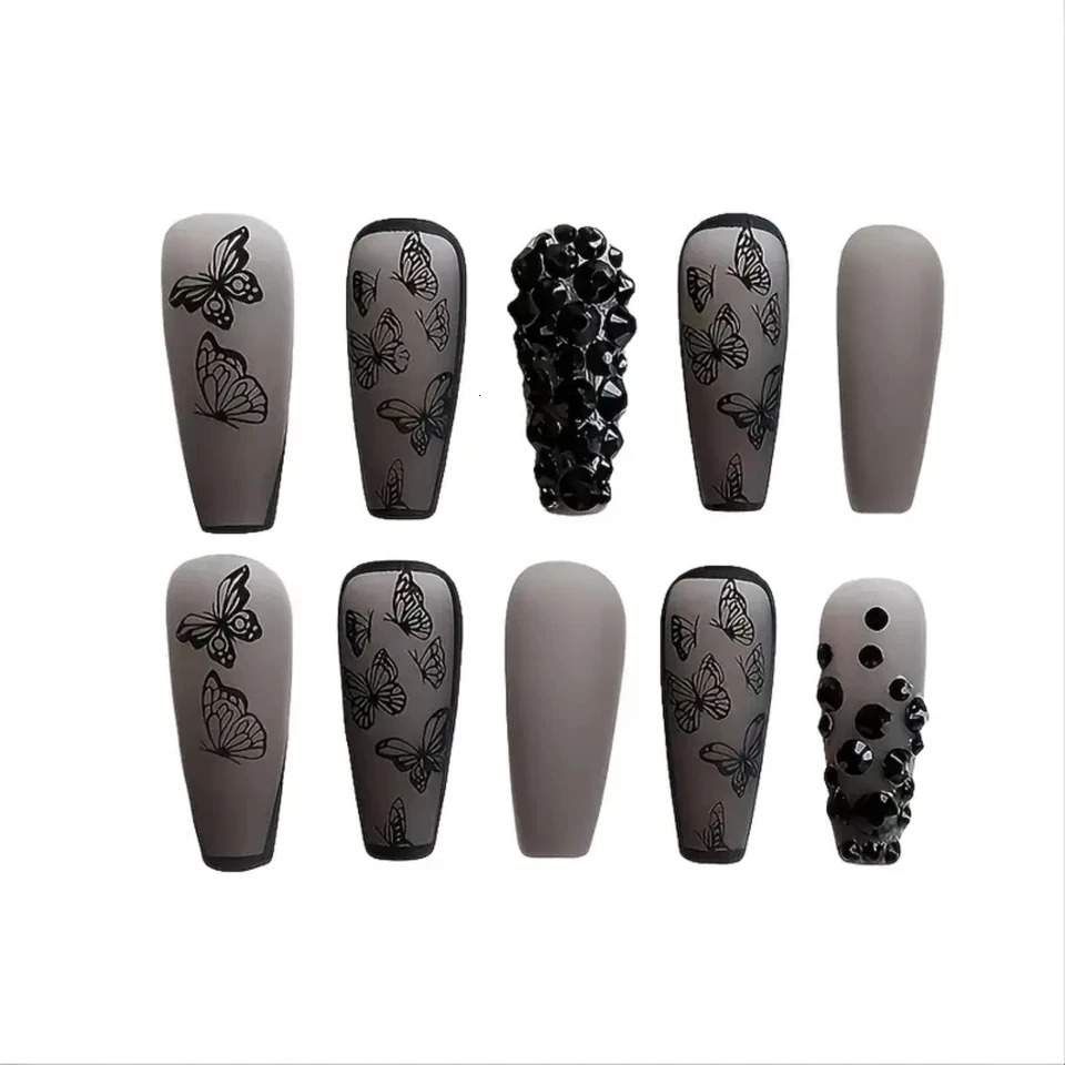 Beautiful and elegant matte black coffin fake nails adorned with stunning 3D rhinestone butterfly - long press on artific 250612