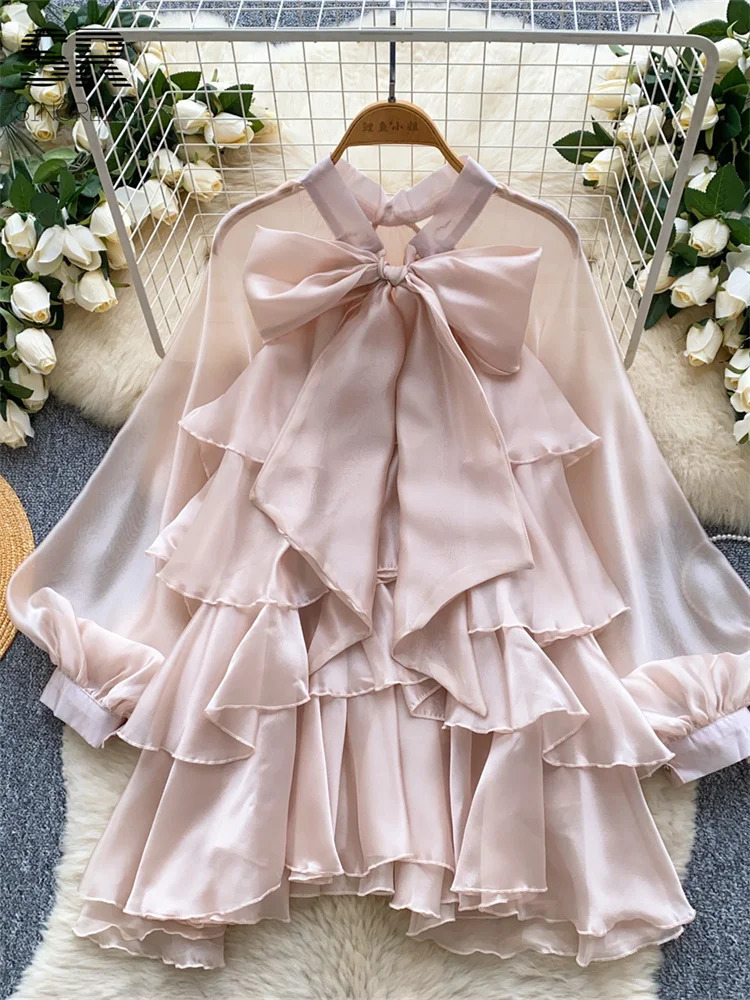 SINGREINY Summer Ruffles Sweet Blouse Women Lantern Sleeves Bow Solid Shirts Female French Party Vintage Chiffon Tops 250617