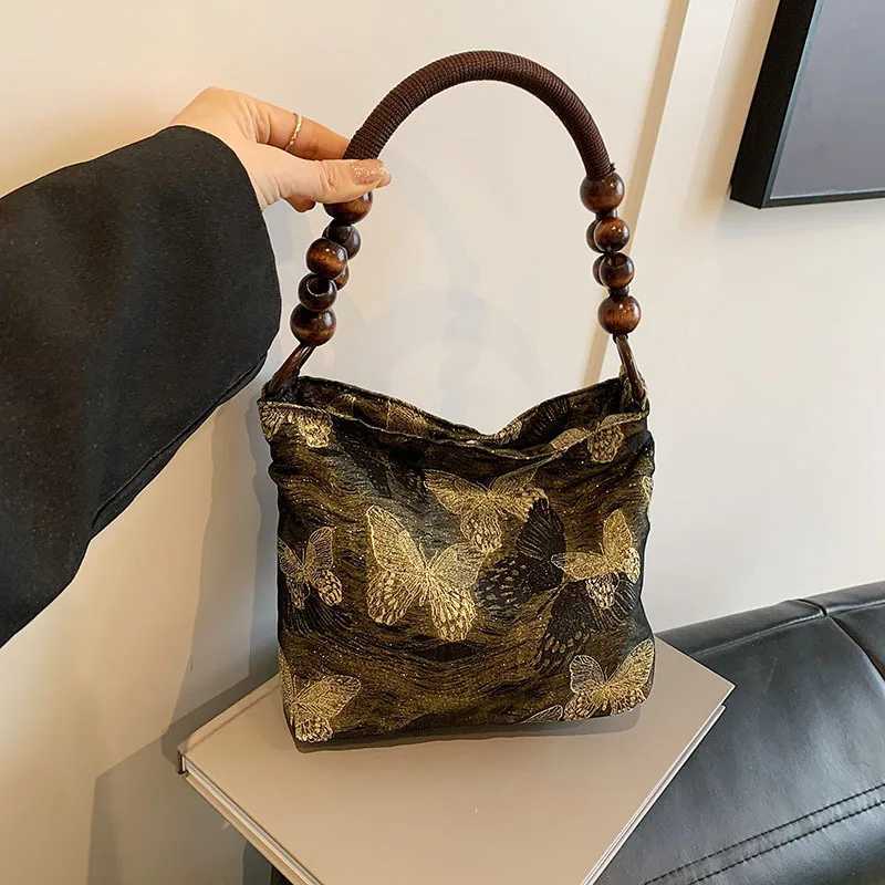 Chinese Style Elegant Womens Shoulder Bags Embroidery Ladies Bamboo Beading Top-handle Bag Casual Female Bucket Tote Purse Z250617