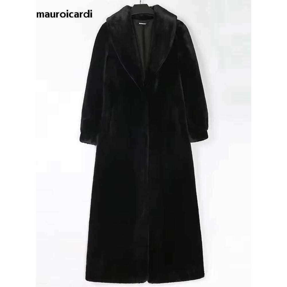 Mauroicardi Winter Extra Long Thick Warm Soft Fitted Fluffy Faux Fur Coat Women Shawl Collar Elegant Chic Furry Overcoat